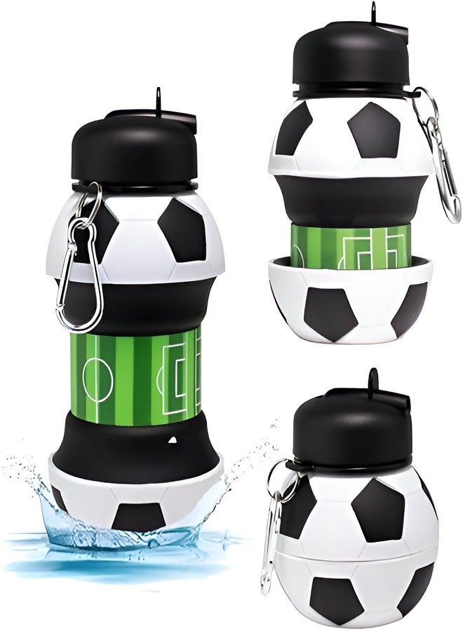 SOLDTRUE Collapsible Silicone Water Bottle|Portable For School,Sports,Travel & Outdoor Activities|Football-Shaped,BPA-Free,Leakproof Kids Bottle With Carabiner Clip (1 Pcs.,550Ml.),Black,White,Green - Image 1